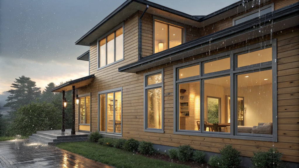 Modern wooden house with large windows during a rainy evening.