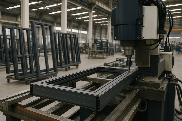 CNC machine shaping aluminum frame